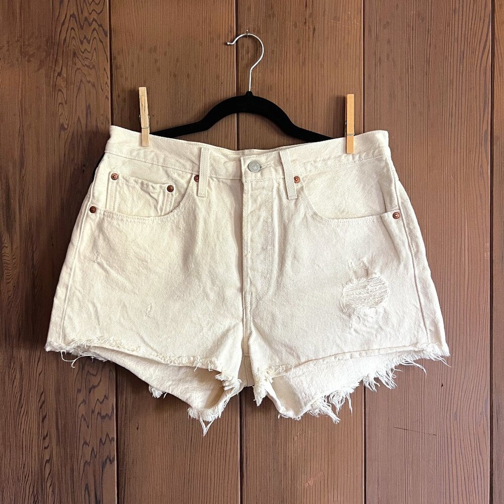 Levi's 501 Hi Rise Distressed Denim Shorts, Natural/Ivory Size 30
